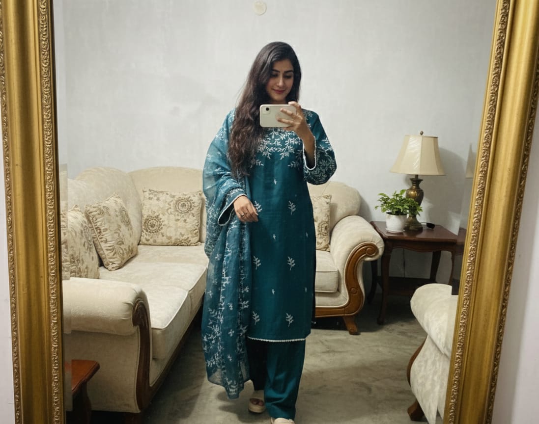 Elegant Teal Green Embroidered Lawn Suit with Dupatta