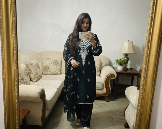 Classic Black Embroidered Lawn Suit with Dupatta